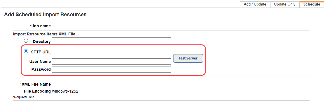 SFTP section of Scheduled Import Resources page circled in red.
